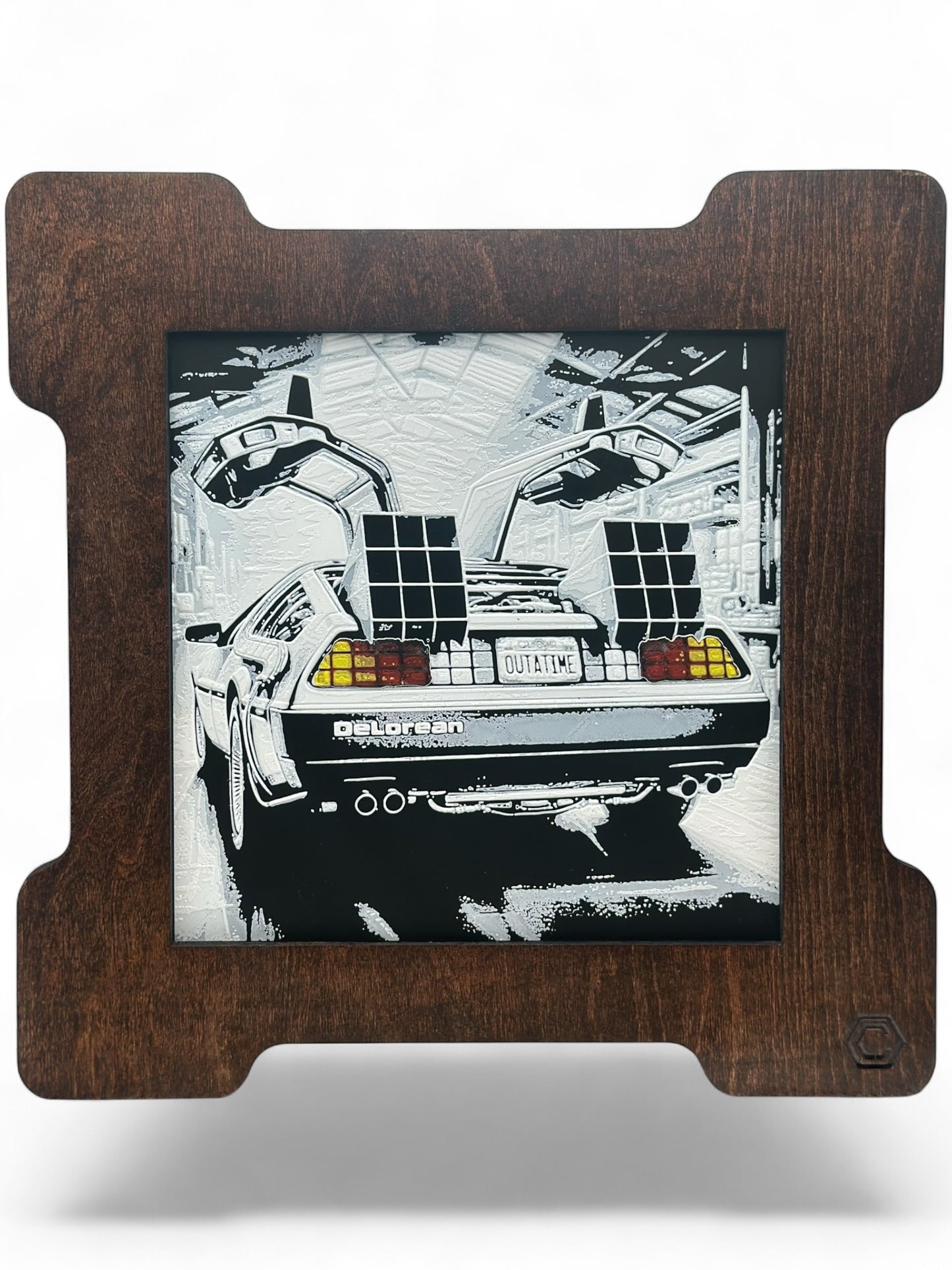 Delorean 3D artwork in wood frame