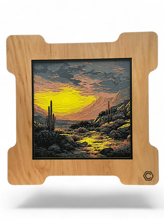 Cactus Sunrise 3D artwork in wood frame
