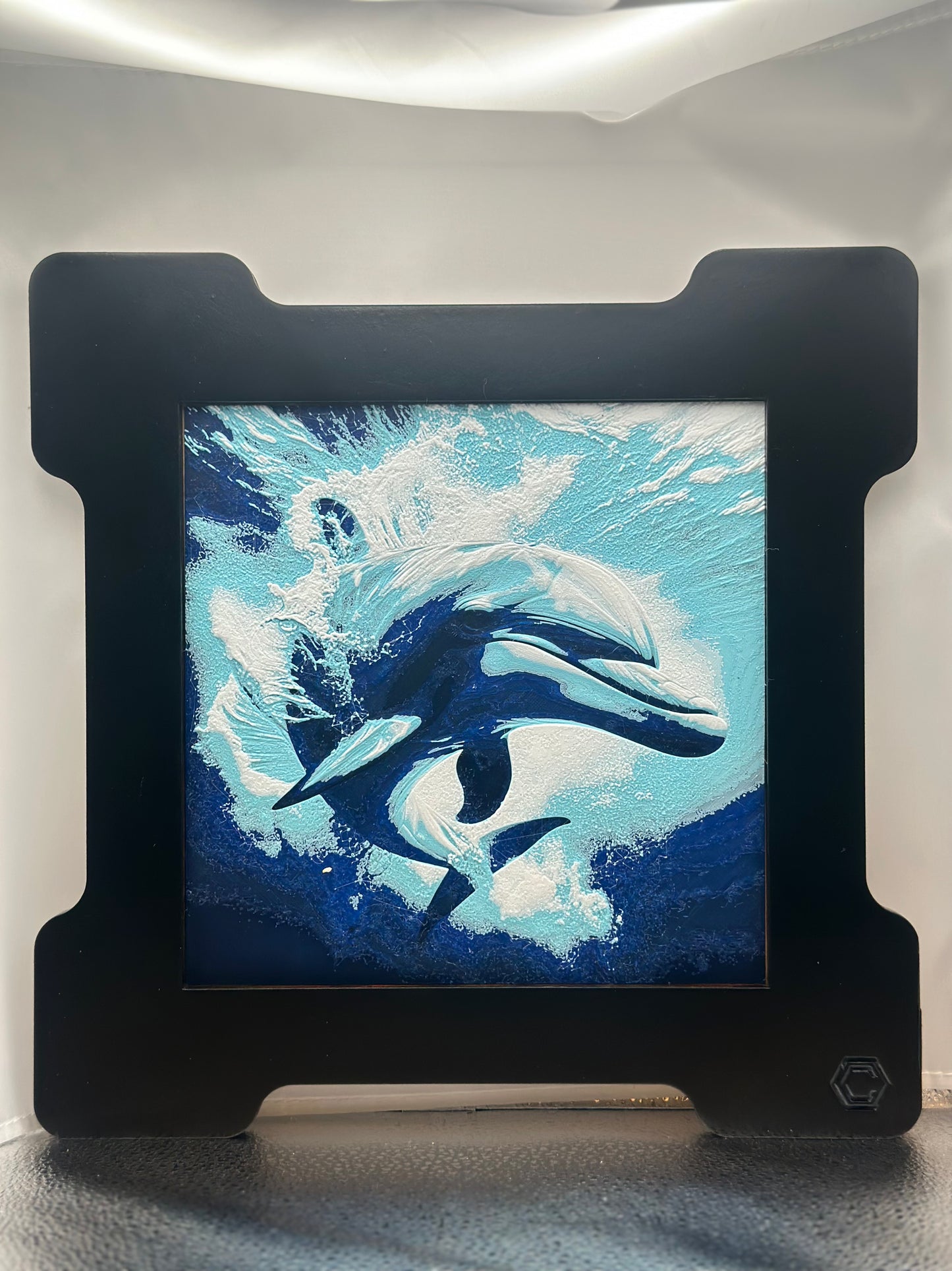 Dolphin 3D artwork in wood frame