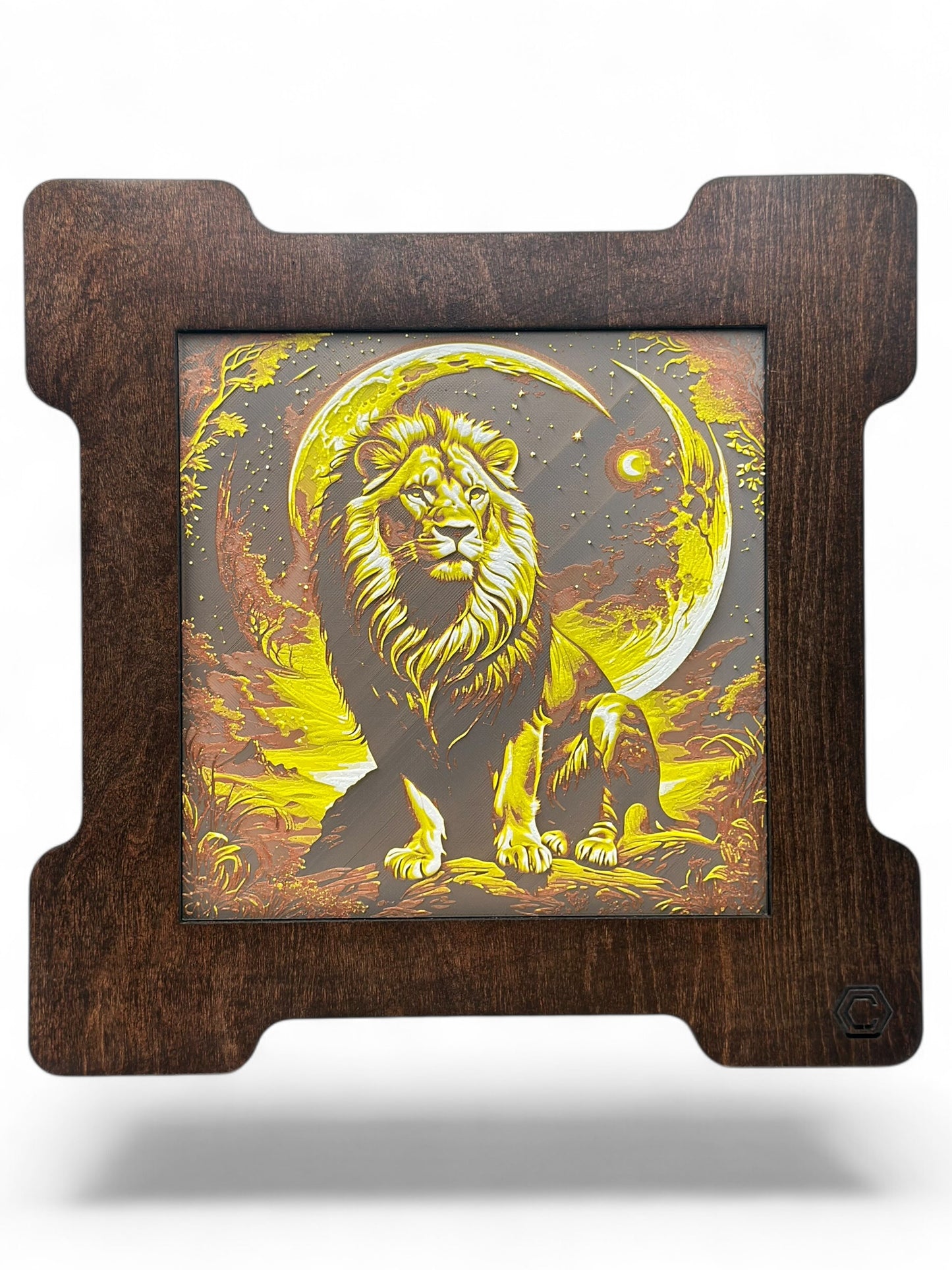 Lion Moon 3D artwork in wood frame