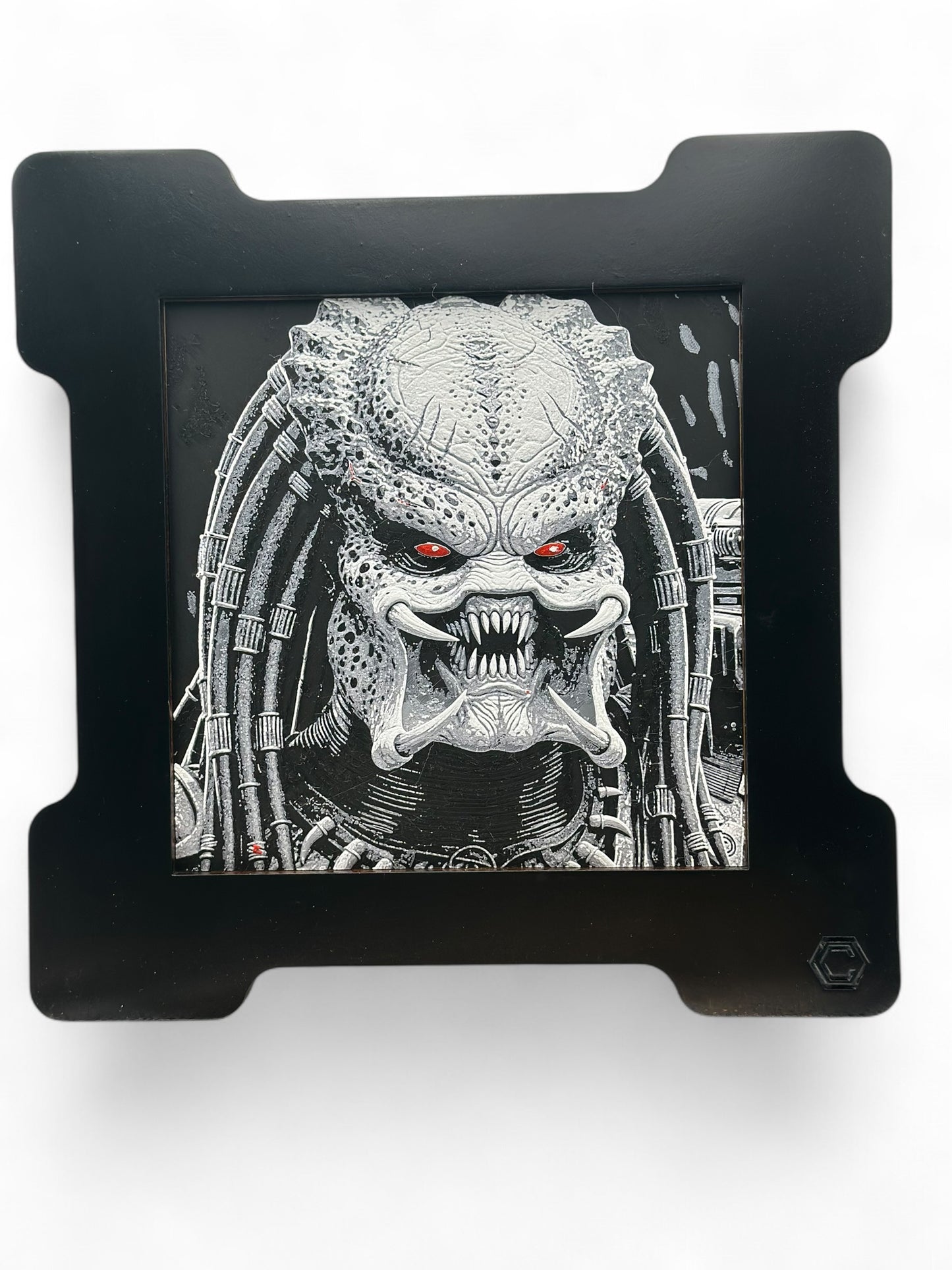 Predator 3D artwork in wood frame