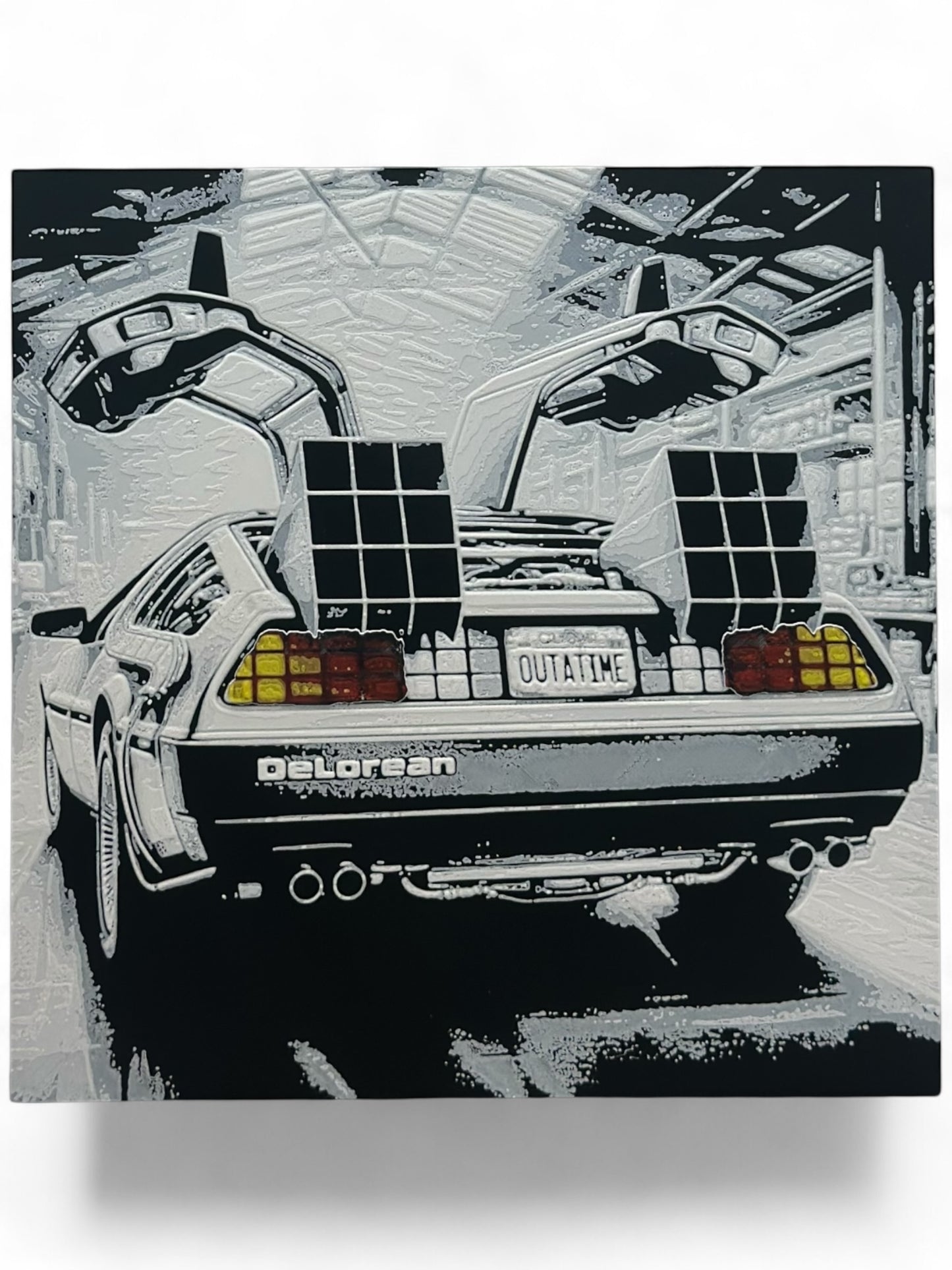 Delorean 3D artwork in wood frame