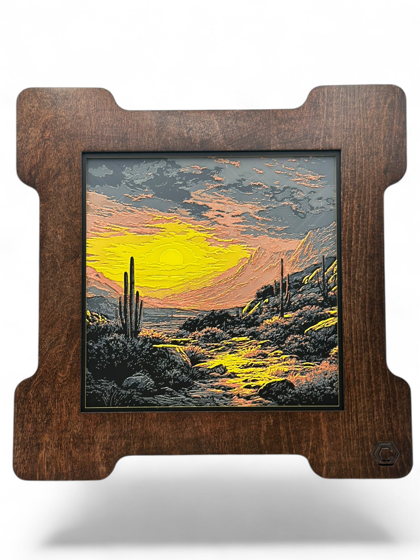 Cactus Sunrise 3D artwork in wood frame
