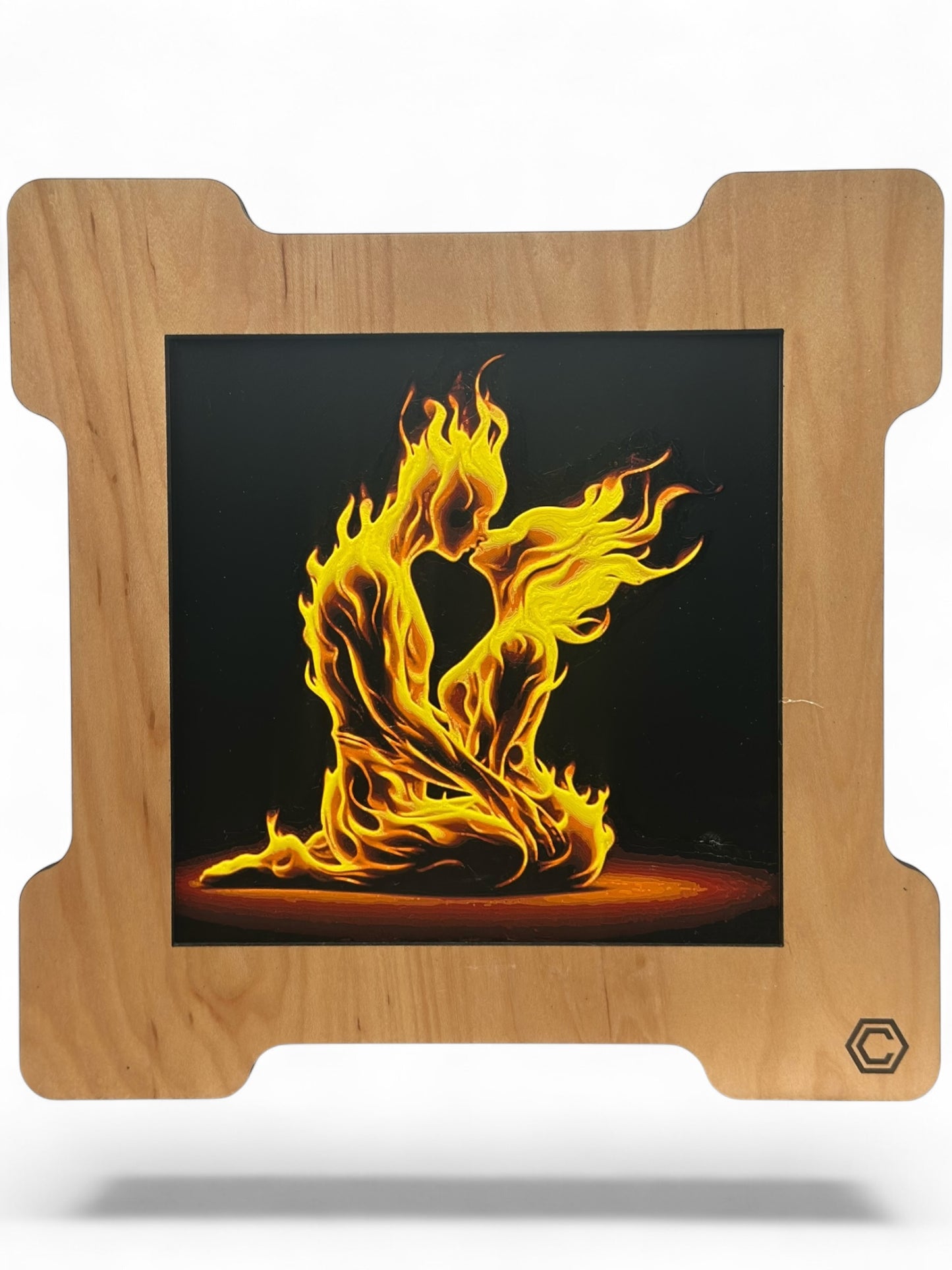Fire Love 3D artwork in wood frame