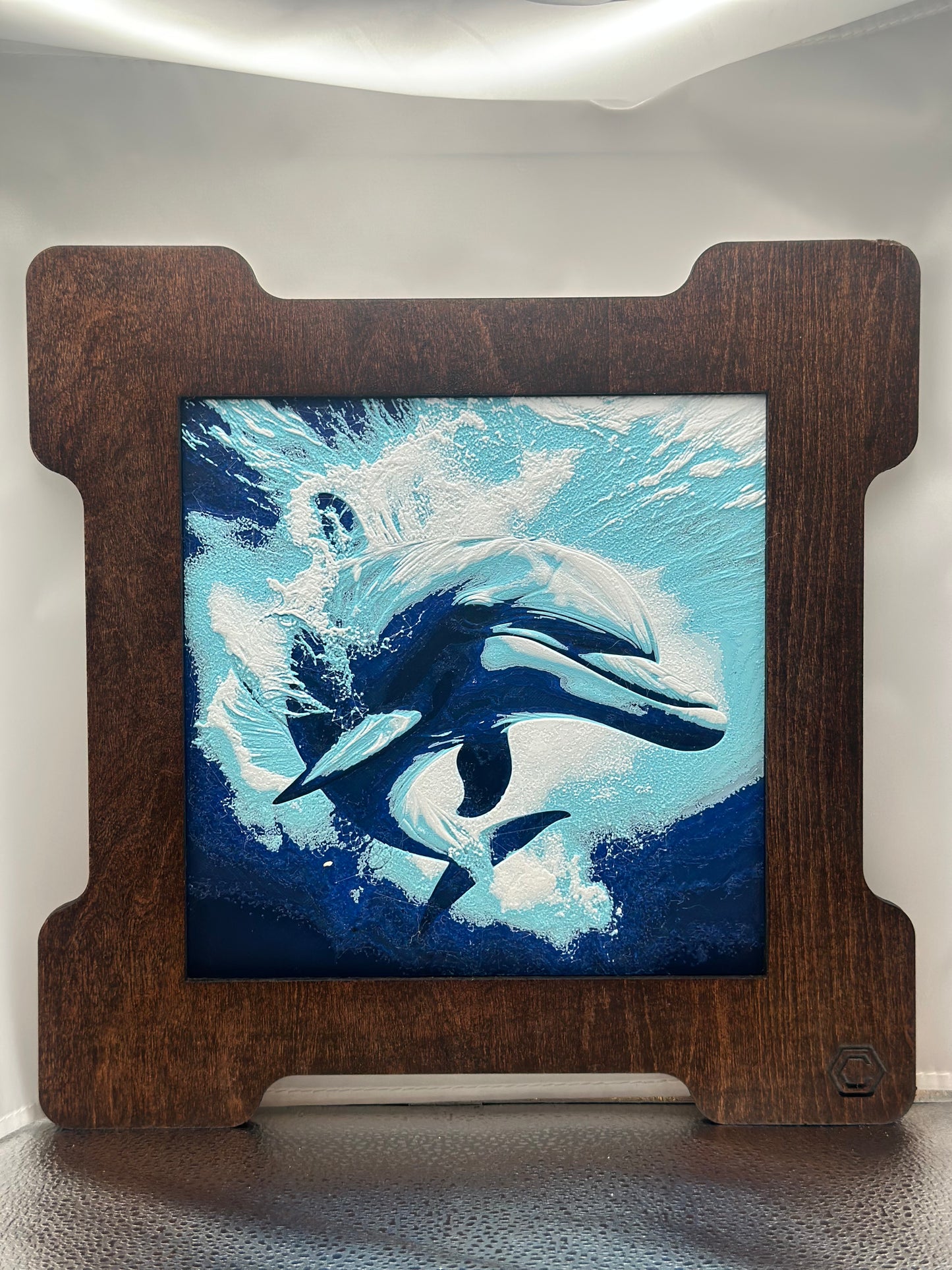 Dolphin 3D artwork in wood frame