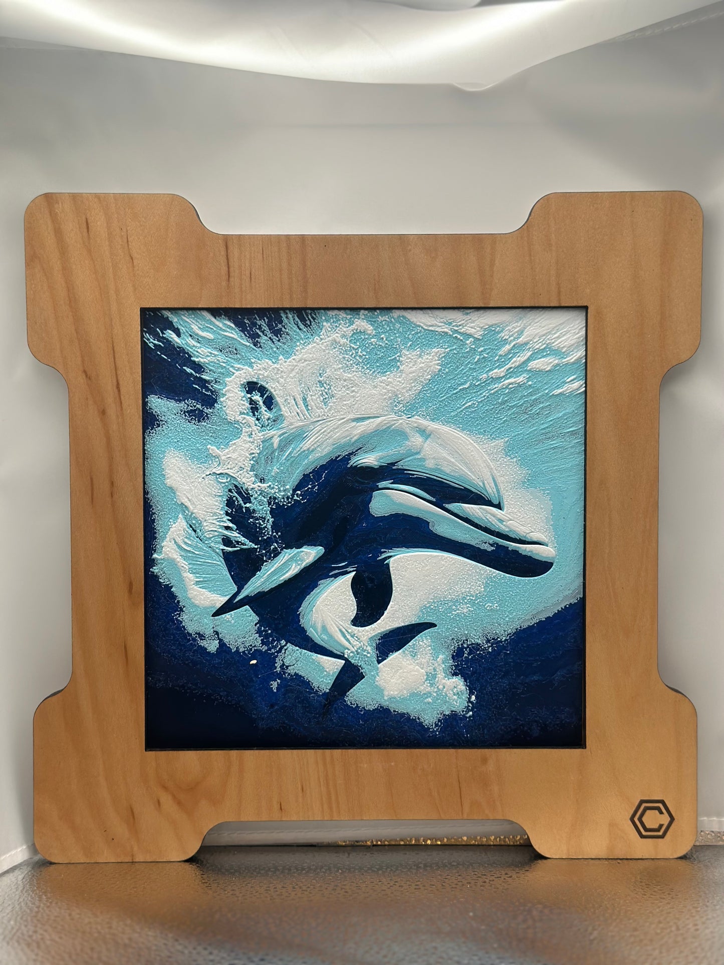 Dolphin 3D artwork in wood frame