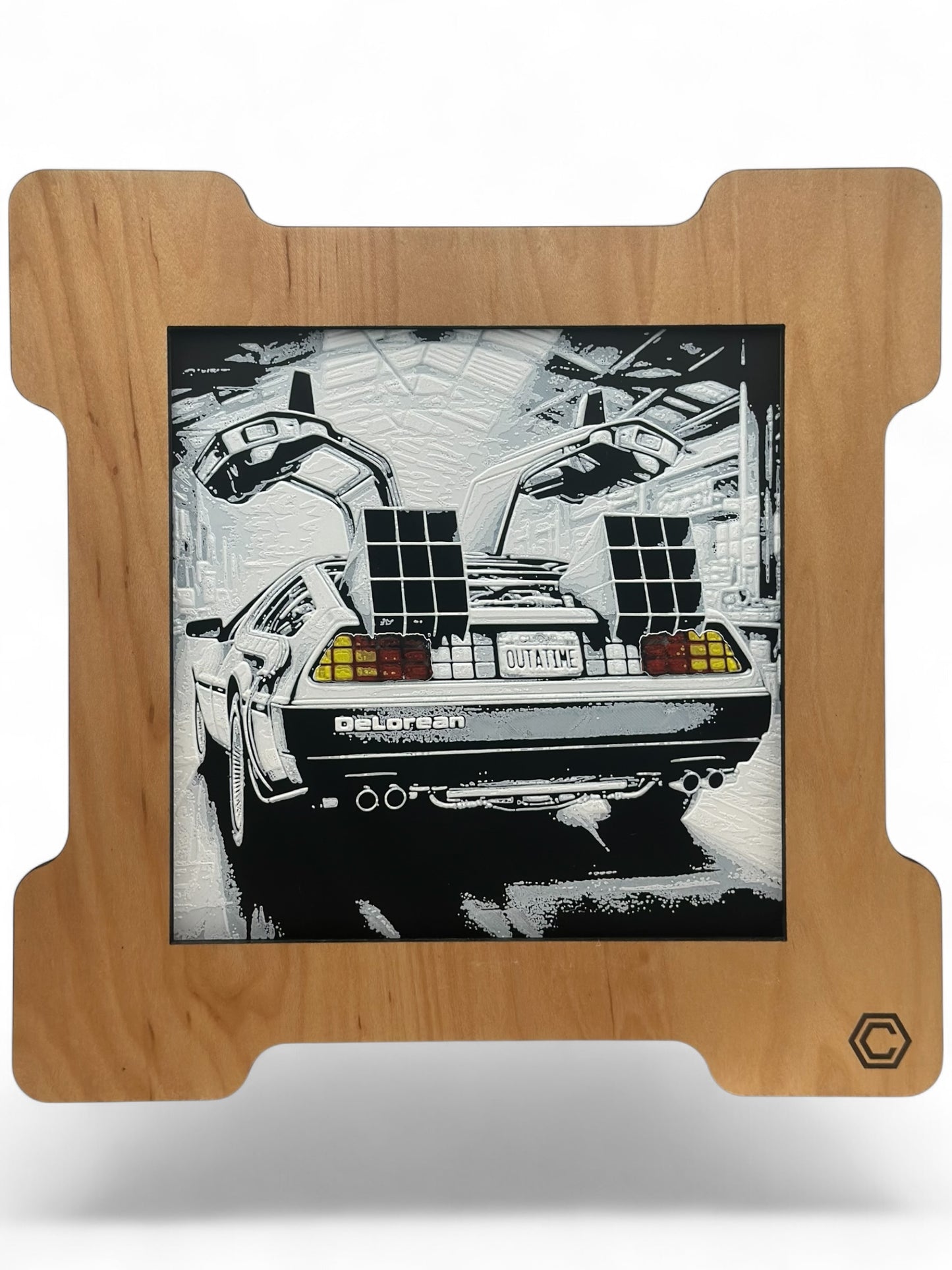 Delorean 3D artwork in wood frame