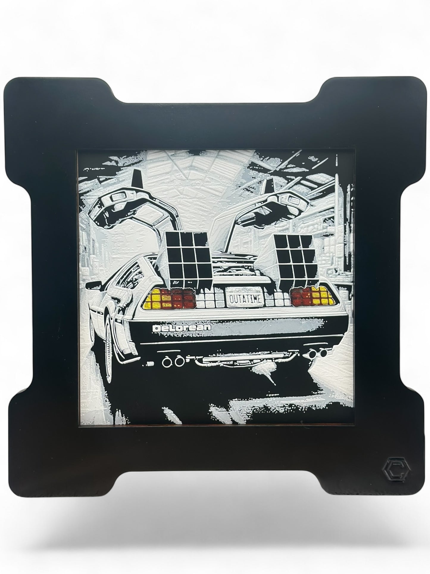 Delorean 3D artwork in wood frame