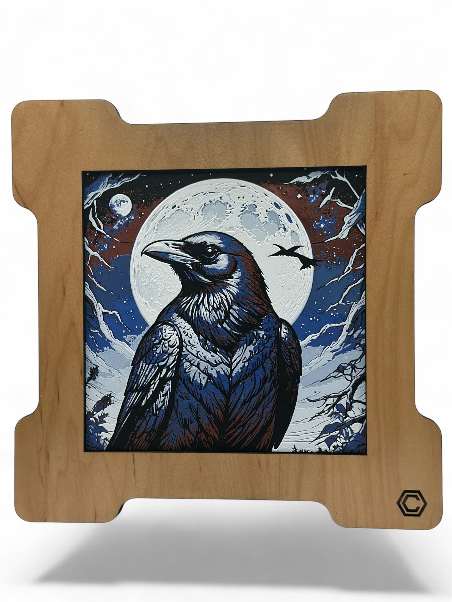 Raven 3D artwork in wood frame