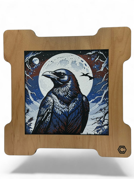 Raven 3D artwork in wood frame